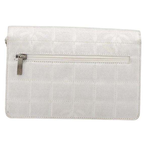 CHANEL New Travel Line Chain Shoulder Bag Canvas Silver CC Auth 200755