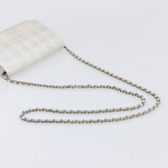 CHANEL New Travel Line Chain Shoulder Bag Canvas Silver CC Auth 200755