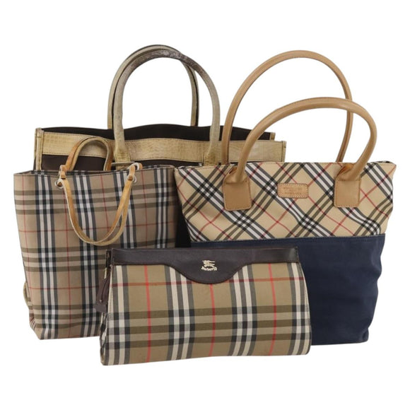 BURBERRY Nova Check Hand Bag Canvas nylon 4 Set Beige Brown Auth 200759