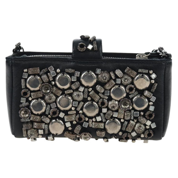 CHANEL Chain Shoulder Pouch Lamb Skin Black Silver CC Auth 200770SAM