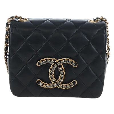CHANEL Matelasse Chain Shoulder Bag Lamb Skin Black Gold CC Auth 200775SM - 0
