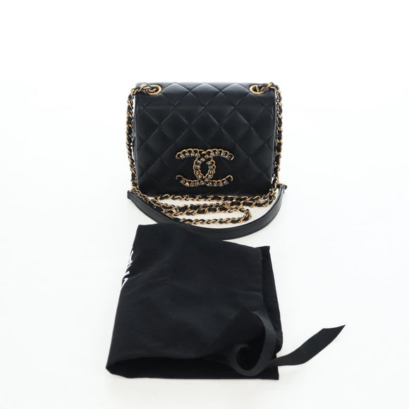 CHANEL Matelasse Chain Shoulder Bag Lamb Skin Black Gold CC Auth 200775SM