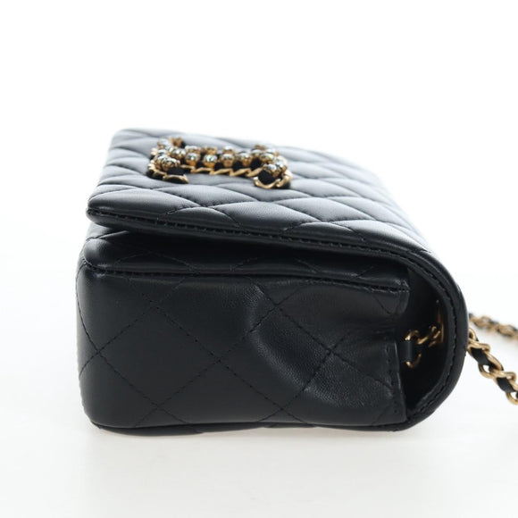 CHANEL Matelasse Chain Shoulder Bag Lamb Skin Black Gold CC Auth 200775SM