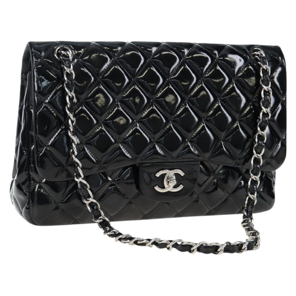 CHANEL Big Matelasse 30 Chain Bag Patent leather Black Silver CC Auth 200779M