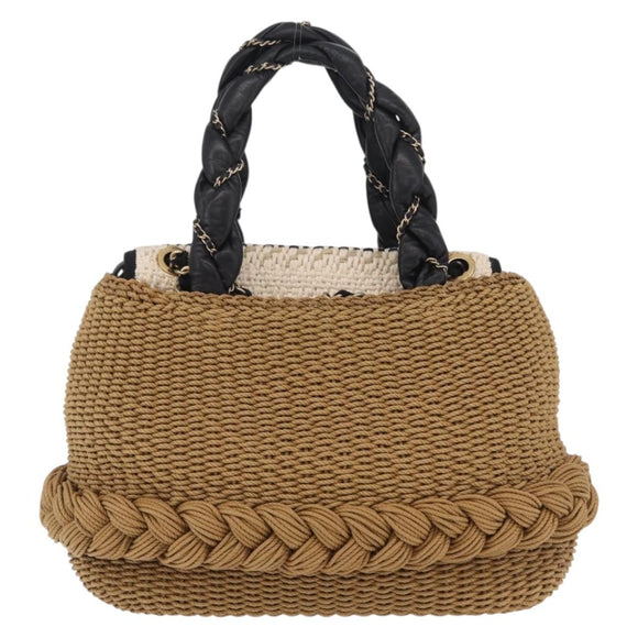 CHANEL Chain Shoulder Bag Raffia 2way Beige Gold CC Auth 200780SAM