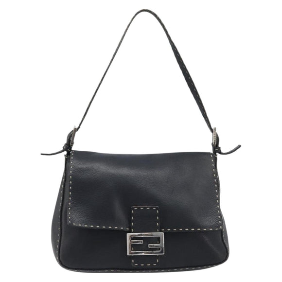 FENDI Selleria Mamma Baguette Shoulder Bag Leather Black Silver Auth 200803A