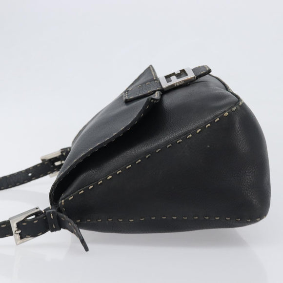 FENDI Selleria Mamma Baguette Shoulder Bag Leather Black Silver Auth 200803A
