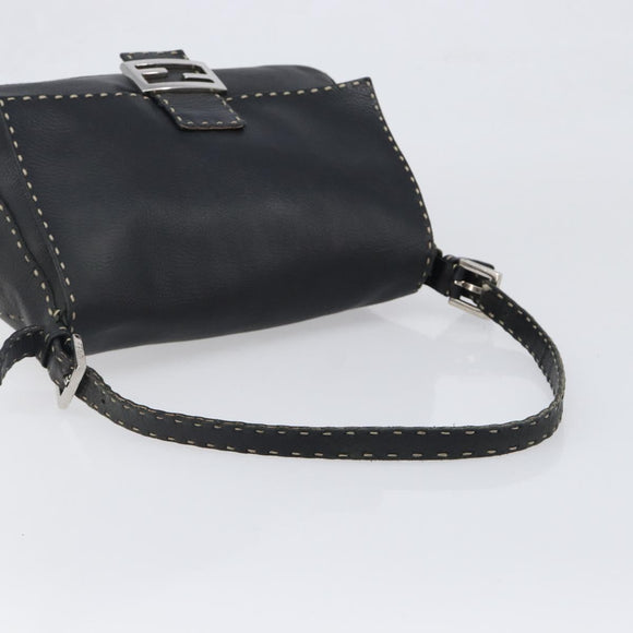 FENDI Selleria Mamma Baguette Shoulder Bag Leather Black Silver Auth 200803A