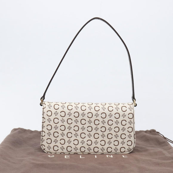 CELINE C Macadam Shoulder Bag Canvas White Gold Tone Auth 200822V