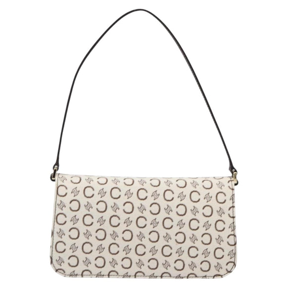 CELINE C Macadam Shoulder Bag Canvas White Gold Tone Auth 200822V