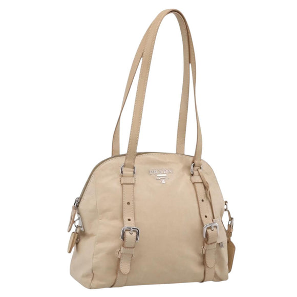 PRADA Shoulder Bag Leather Beige Silver Auth 200826V