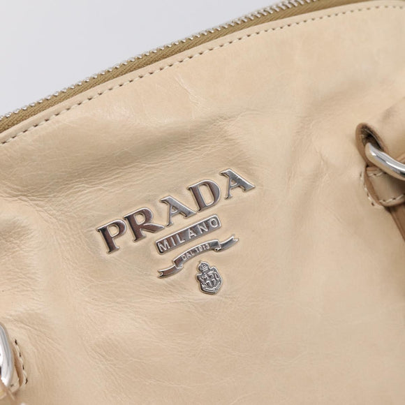 PRADA Shoulder Bag Leather Beige Silver Auth 200826V