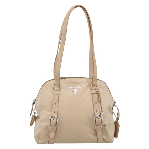 PRADA Shoulder Bag Leather Beige Silver Auth 200826V