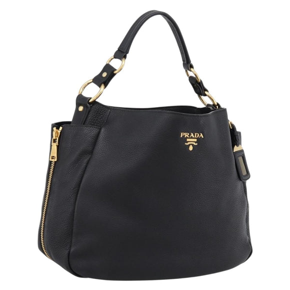 PRADA Vitterodino Hand Bag Leather Black Gold Tone Auth 200844V