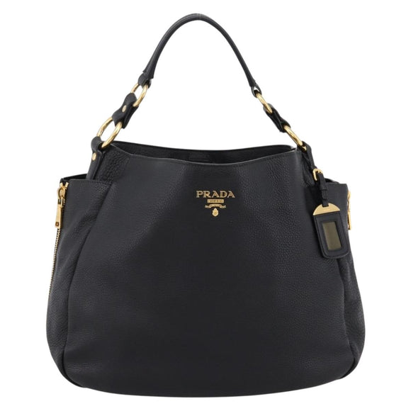 PRADA Vitterodino Hand Bag Leather Black Gold Tone Auth 200844V