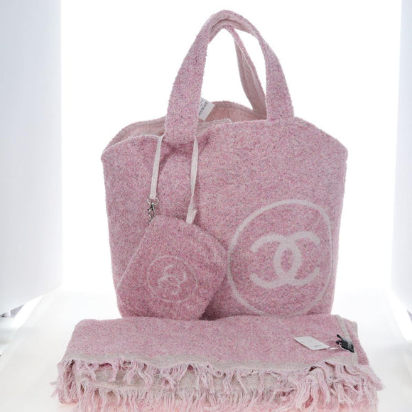 CHANEL Big Coco Beach Bag Towel Set Pile Pink CC Auth 200851SAM