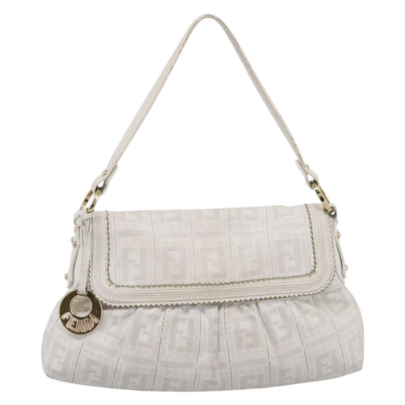 FENDI Zucca Canvas Mamma Baguette Shoulder Bag Leather Ivory Gold Auth 200892V