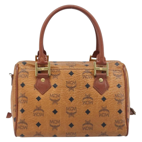 MCM Vicetos Logogram Boston Bag PVC Leather Brown Gold Auth 200900