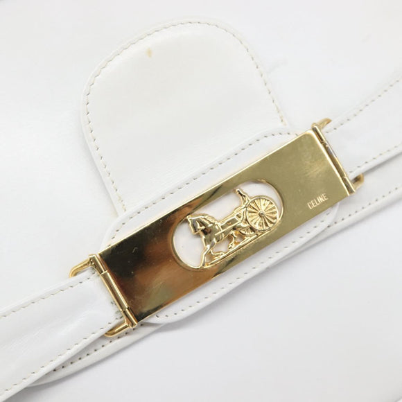 CELINE Horse Carriage Shoulder Bag Leather White Gold Auth 200903