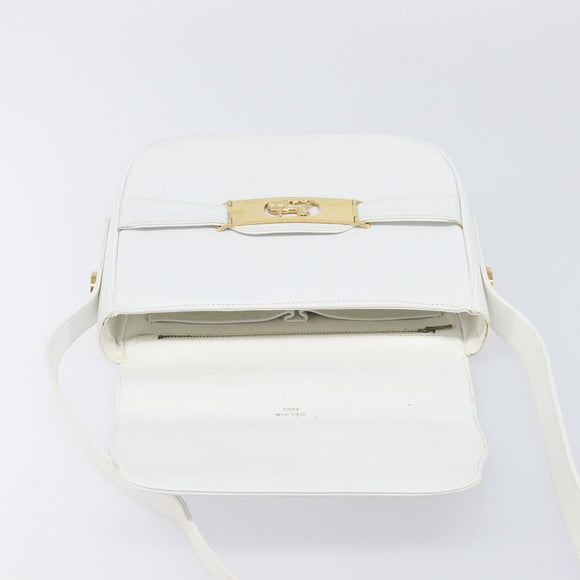 CELINE Horse Carriage Shoulder Bag Leather White Gold Auth 200903