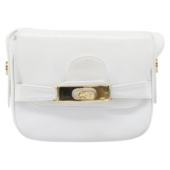 CELINE Horse Carriage Shoulder Bag Leather White Gold Auth 200903