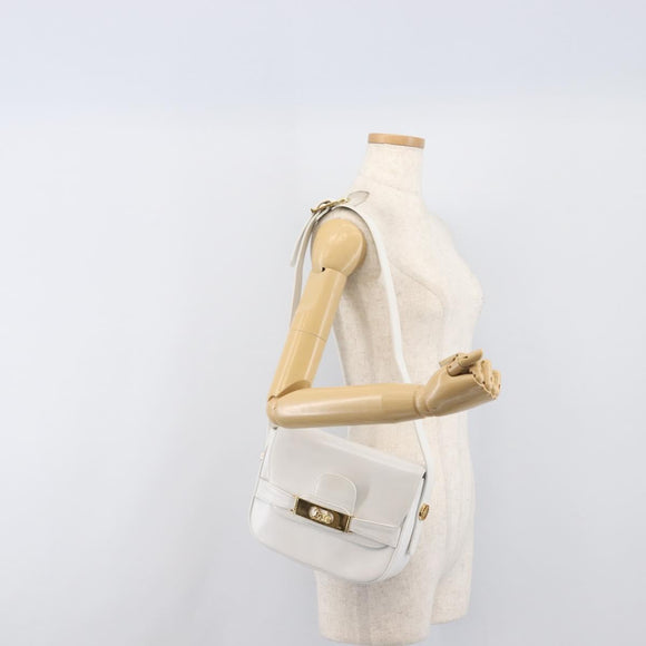 CELINE Horse Carriage Shoulder Bag Leather White Gold Auth 200903