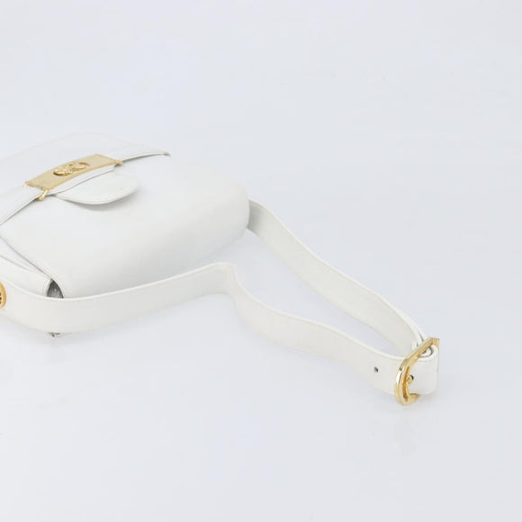 CELINE Horse Carriage Shoulder Bag Leather White Gold Auth 200903