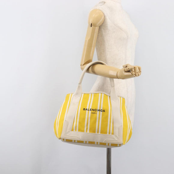 BALENCIAGA Navy Cabas S Hand Bag Canvas Yellow Silver Auth 200904A