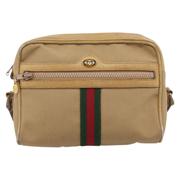 GUCCI Web Sherry Line Shoulder Bag Canvas Beige Gold Auth 200924