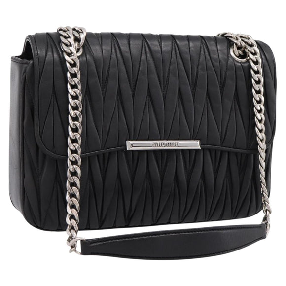 Miu Miu Matelasse Chain Shoulder Bag Leather Black Silver Auth 200939M