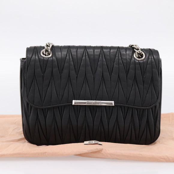 Miu Miu Matelasse Chain Shoulder Bag Leather Black Silver Auth 200939M