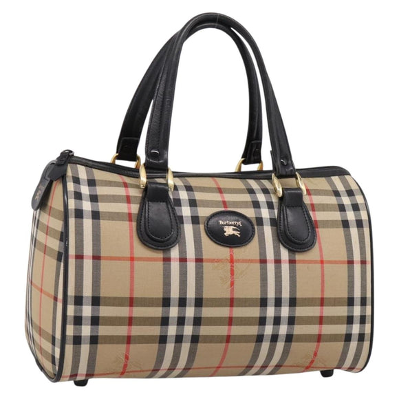 Burberrys Nova Check Boston Bag Canvas Beige Gold Auth 200948