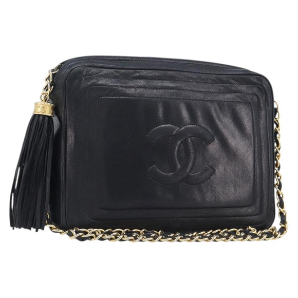 CHANEL Matelasse Chain Shoulder Bag Lamb Skin Black Gold CC Auth 200959V