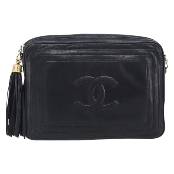 CHANEL Matelasse Chain Shoulder Bag Lamb Skin Black Gold CC Auth 200959V