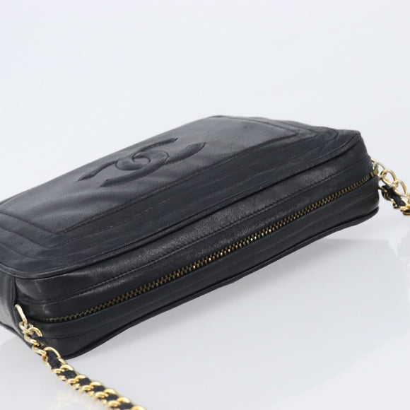 CHANEL Matelasse Chain Shoulder Bag Lamb Skin Black Gold CC Auth 200959V