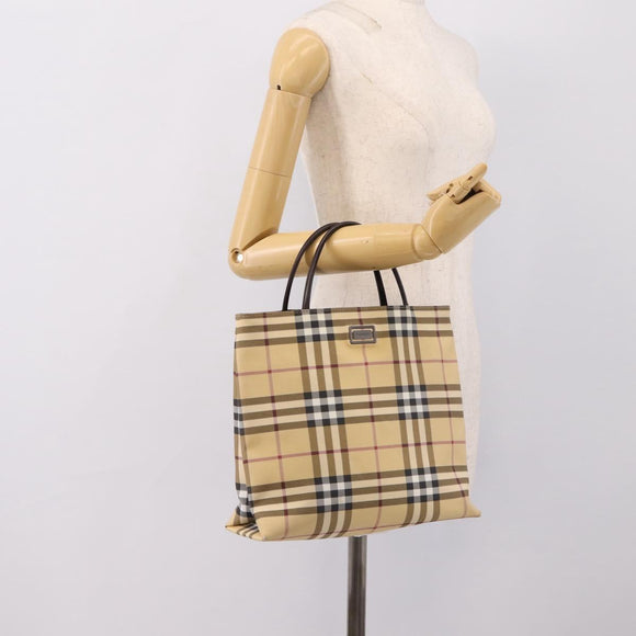 BURBERRY Nova Check Hand Bag PVC Beige Silver Auth 200962