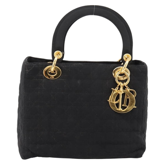 Christian Dior Lady Dior Canage Hand Bag Canvas Black Gold Auth 200963