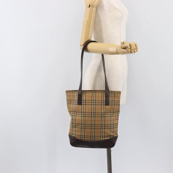 BURBERRY Nova Check Tote Bag Canvas Beige Gold Auth 200966