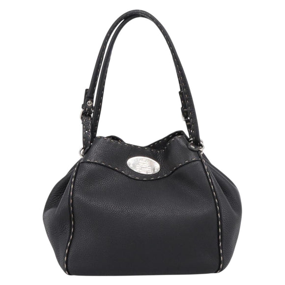 FENDI Celeria Tote Bag Leather Black Silver Auth 200968A