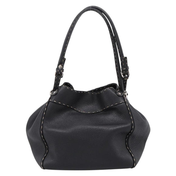 FENDI Celeria Tote Bag Leather Black Silver Auth 200968A
