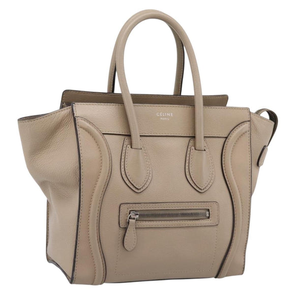 CELINE Luggage Micro Shopper Hand Bag Leather Beige Silver Auth 200973V