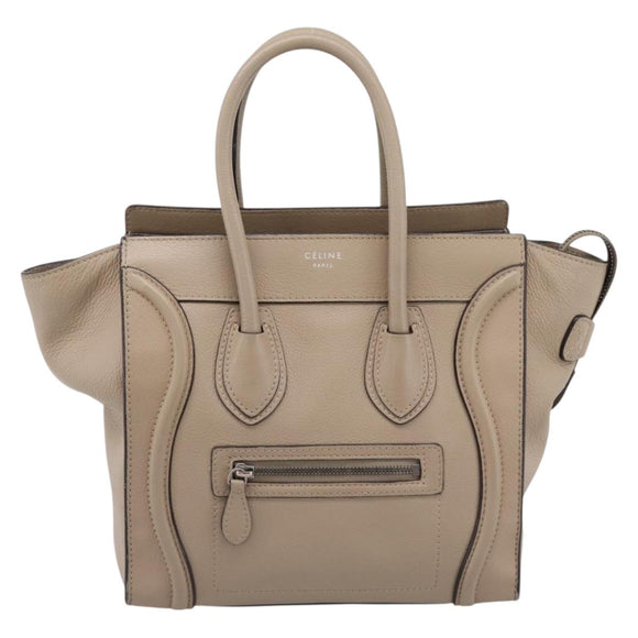CELINE Luggage Micro Shopper Hand Bag Leather Beige Silver Auth 200973V