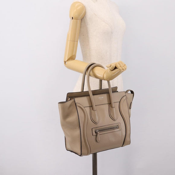 CELINE Luggage Micro Shopper Hand Bag Leather Beige Silver Auth 200973V