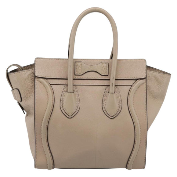 CELINE Luggage Micro Shopper Hand Bag Leather Beige Silver Auth 200973V