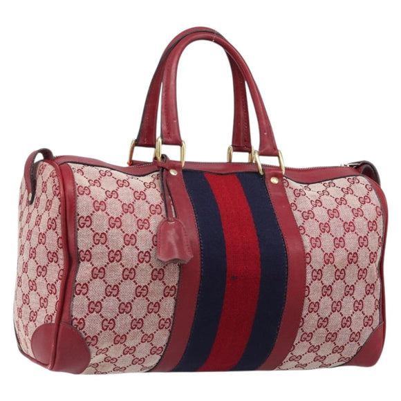 GUCCI GG Canvas Sherry Line Boston Bag Red Gold Auth 200975