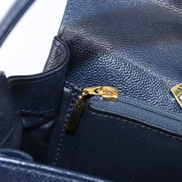GIVENCHY Hand Bag Leather Navy Gold Auth 200997