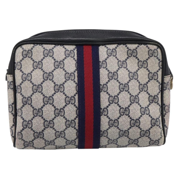 GUCCI GG Supreme Sherry Line Clutch Bag PVC Navy Gold 010 378 Auth 200999