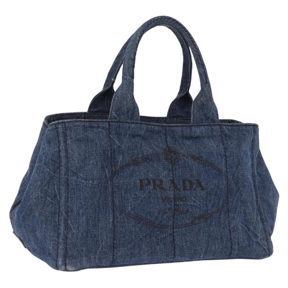 PRADA Canapa MM Hand Bag Denim Blue Gold Tone Auth 201120