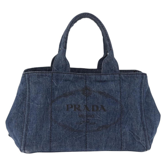 PRADA Canapa MM Hand Bag Denim Blue Gold Tone Auth 201120