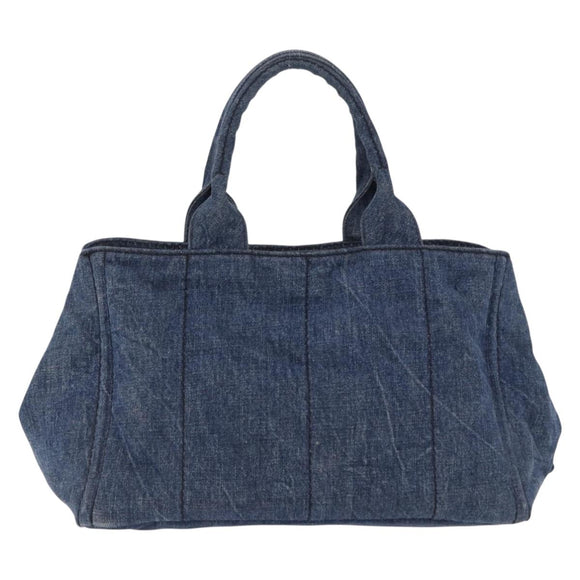 PRADA Canapa MM Hand Bag Denim Blue Gold Tone Auth 201120